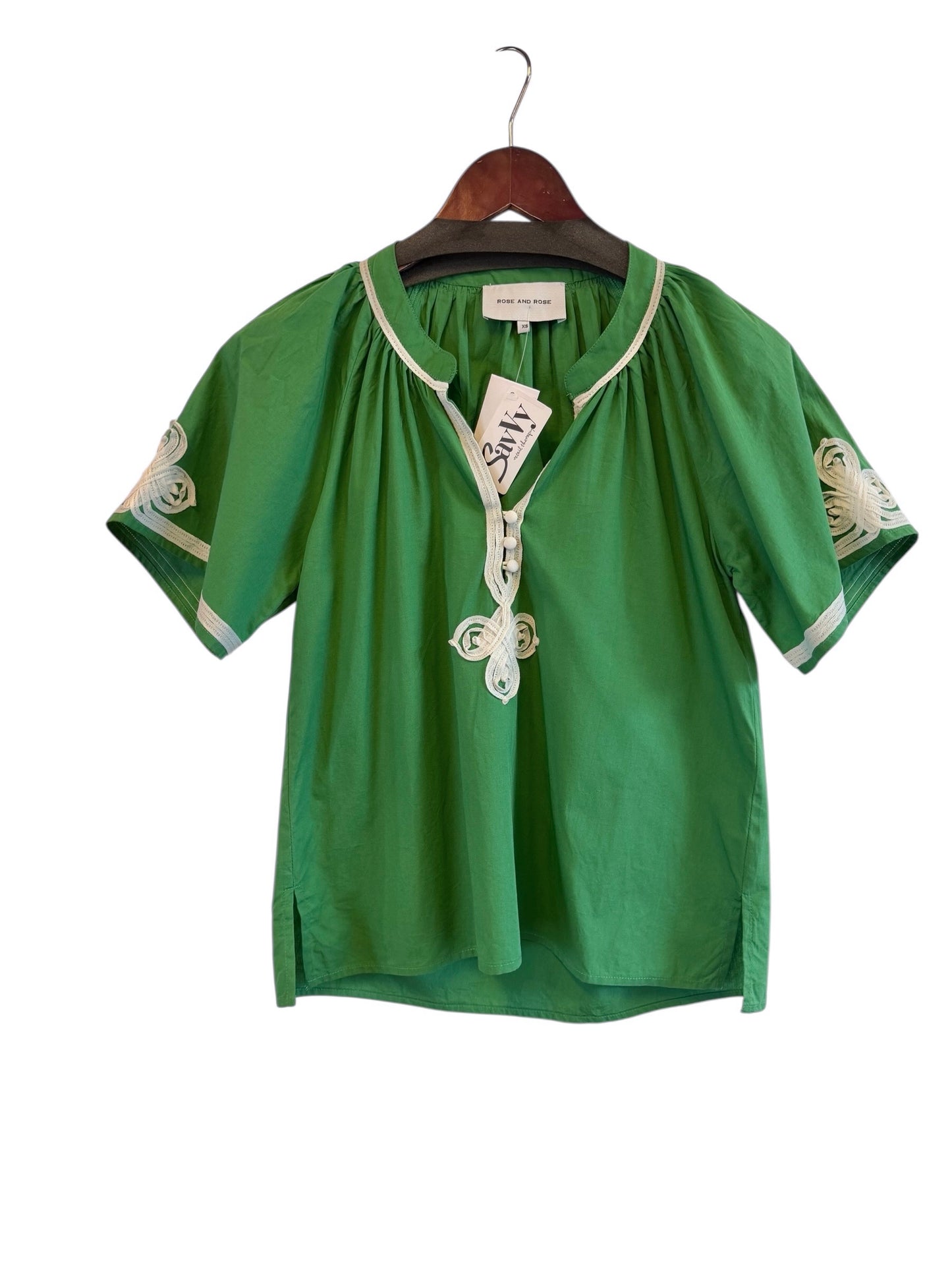 Green cotton poplin rose and rose blouse hanging flatlay 