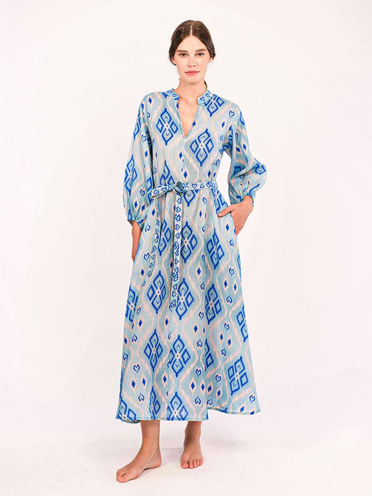 Marigold Linen Dress in ikat blue by Nimo