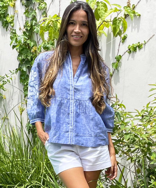 Sardinia Top in blue chambray linen by Rose & Rose