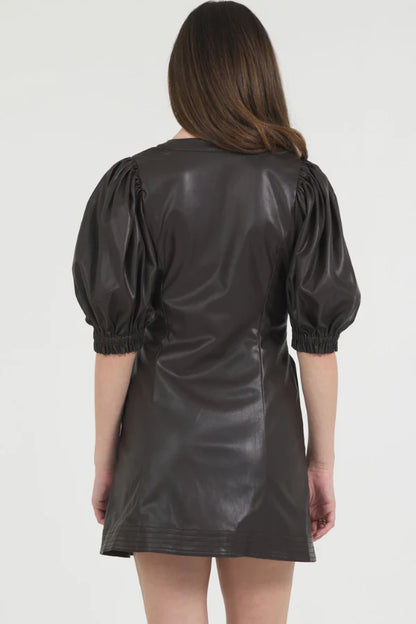 Vegan Leather Split Neck Puff Sleeve Dress in chocolate by Stellah