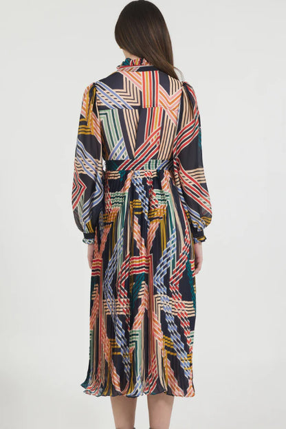 Geo Print Midi Dress with Pleated Skirt in multi by Stellah