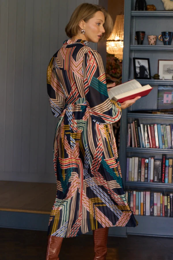 Geo Print Midi Dress with Pleated Skirt in multi by Stellah