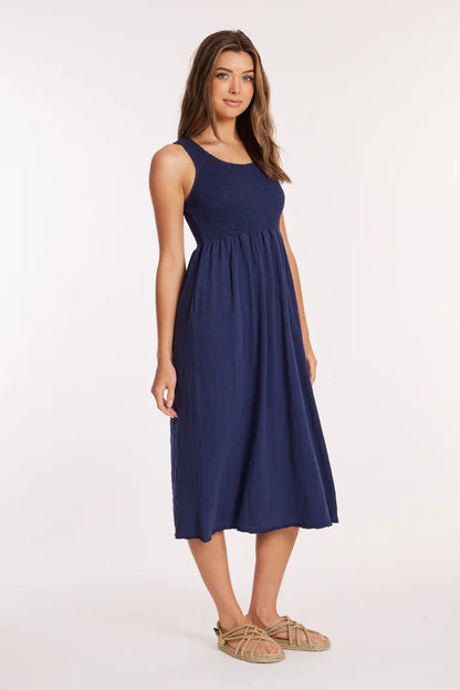 Smocked Tank Midi Dress in vibrant navy by Mododoc