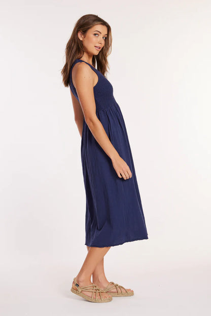 Smocked Tank Midi Dress in vibrant navy by Mododoc