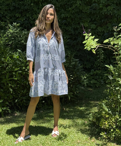 Palermo Stripe Embroidered Dress in blue/white by Rose & Rose