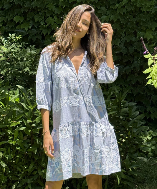 Palermo Stripe Embroidered Dress in blue/white by Rose & Rose
