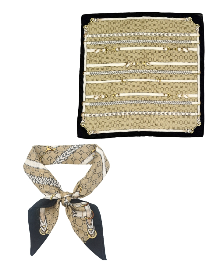 Horsebit Strap Print Bandana Scarf in taupe