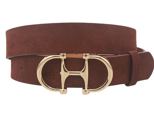 Horsebit Buckle Microsuede Belt in dark cognac