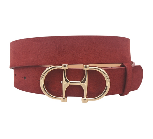 Horsebit Buckle Microsuede Belt in burgundy