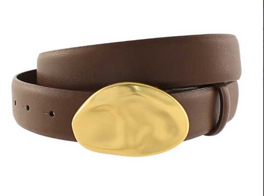 Vintage Oval Buckle Genuine Leather Belt in dark brown