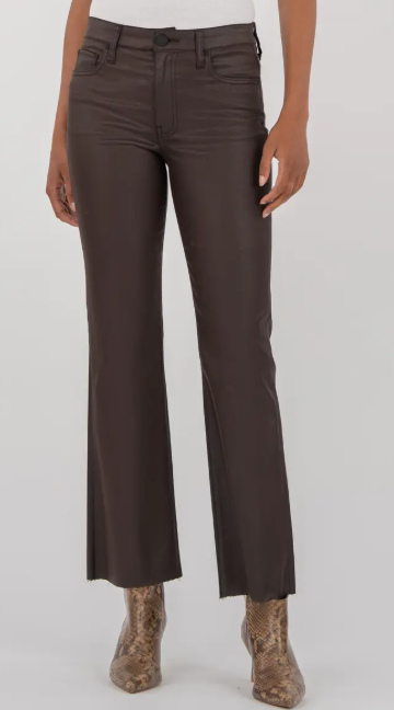 Kelsey High Rise Ankle Flare Raw Hem in chocolate by KUT