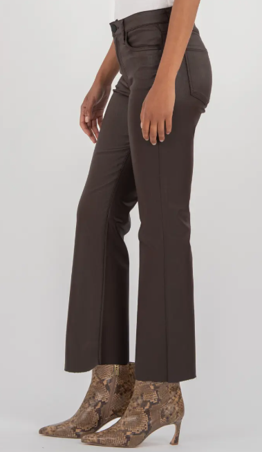 Kelsey High Rise Ankle Flare Raw Hem in chocolate by KUT