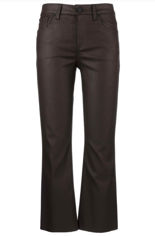 Kelsey High Rise Ankle Flare Raw Hem in chocolate by KUT