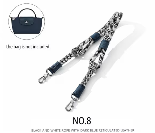 Braided Nylon Strap in black & white rope with dark blue reticulated leather
