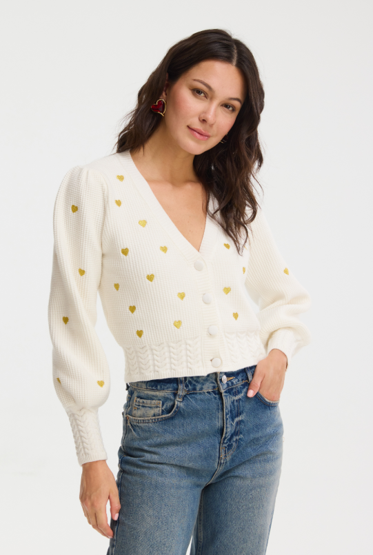 Gold Hearts Piper Cardigan in ivory/gold by Allison