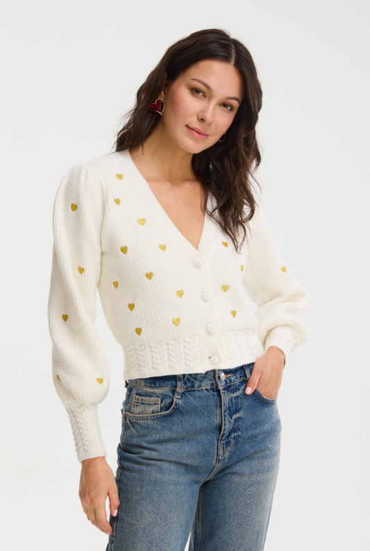 Gold Hearts Piper Cardigan in ivory/gold by Allison