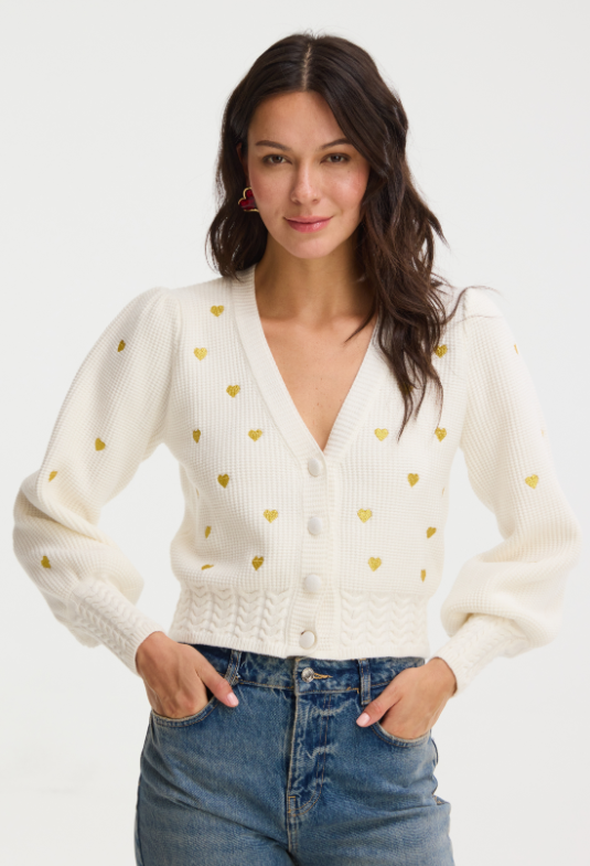 Gold Hearts Piper Cardigan in ivory/gold by Allison