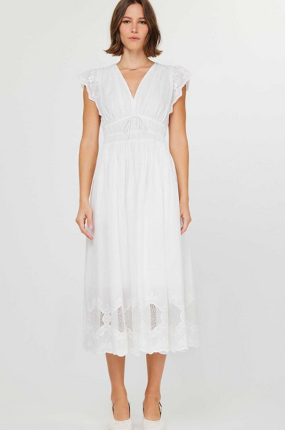 V-neck Flutter Slv White Midi Dress in White by Current Air