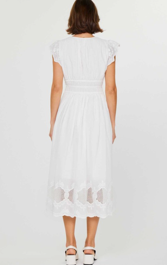 V-neck Flutter Slv White Midi Dress in White by Current Air