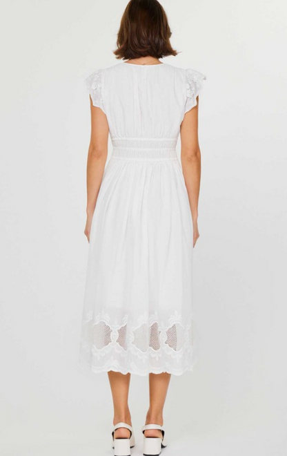 V-neck Flutter Slv White Midi Dress in White by Current Air