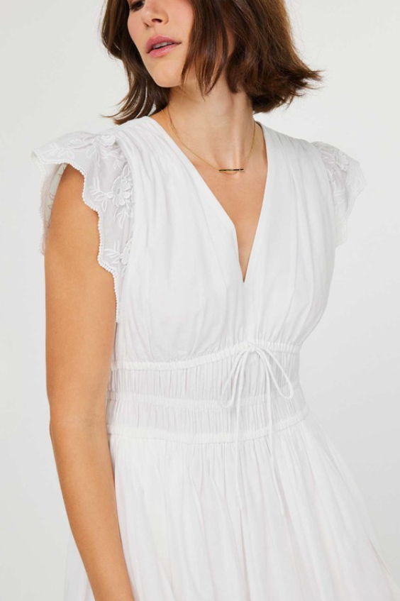 V-neck Flutter Slv White Midi Dress in White by Current Air