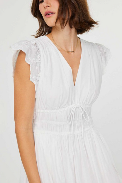 V-neck Flutter Slv White Midi Dress in White by Current Air