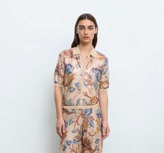 Sequin Front Button Up Sweater in beige by Aldo Martins