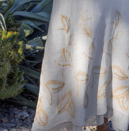 Embroidered Linen Dress in ecru/gold by Haris Cotton