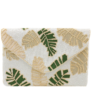 Tropical Leaves Beaded Clutch in ivory/green