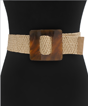 Square Lucite Buckle Straw Belt in taupe/natural