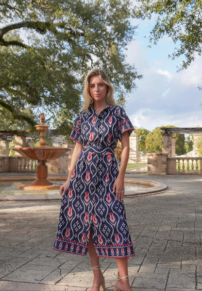 Sydney Shirt Dress in tulip ikat navy by Isla Payal