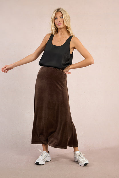 Velvet Maxi Skirt in brown by Molly Bracken
