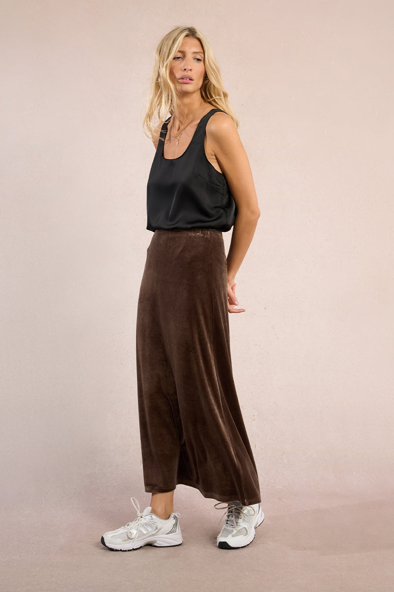 Velvet Maxi Skirt in brown by Molly Bracken