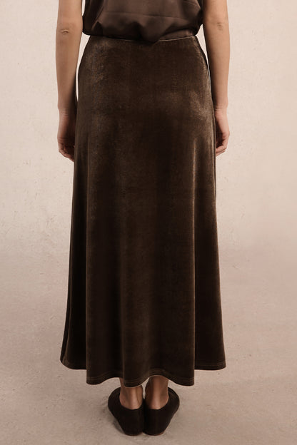 Velvet Maxi Skirt in brown by Molly Bracken