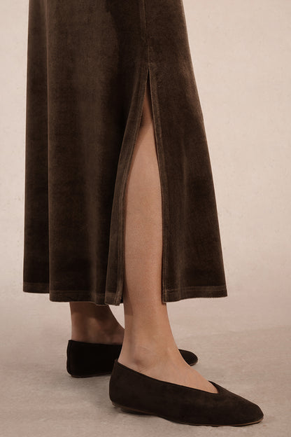 Velvet Maxi Skirt in brown by Molly Bracken