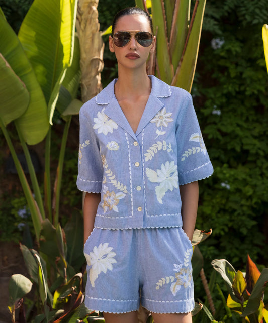 Tropical Flower Embroidered Shorts in blue stripe by Rose & Rose