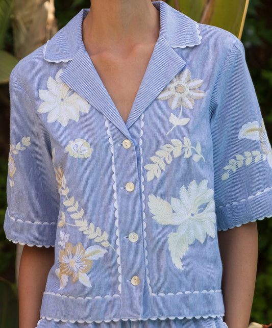 Tropical Flower Embroidered Bowling Shirt in blue stripe by Rose & Rose