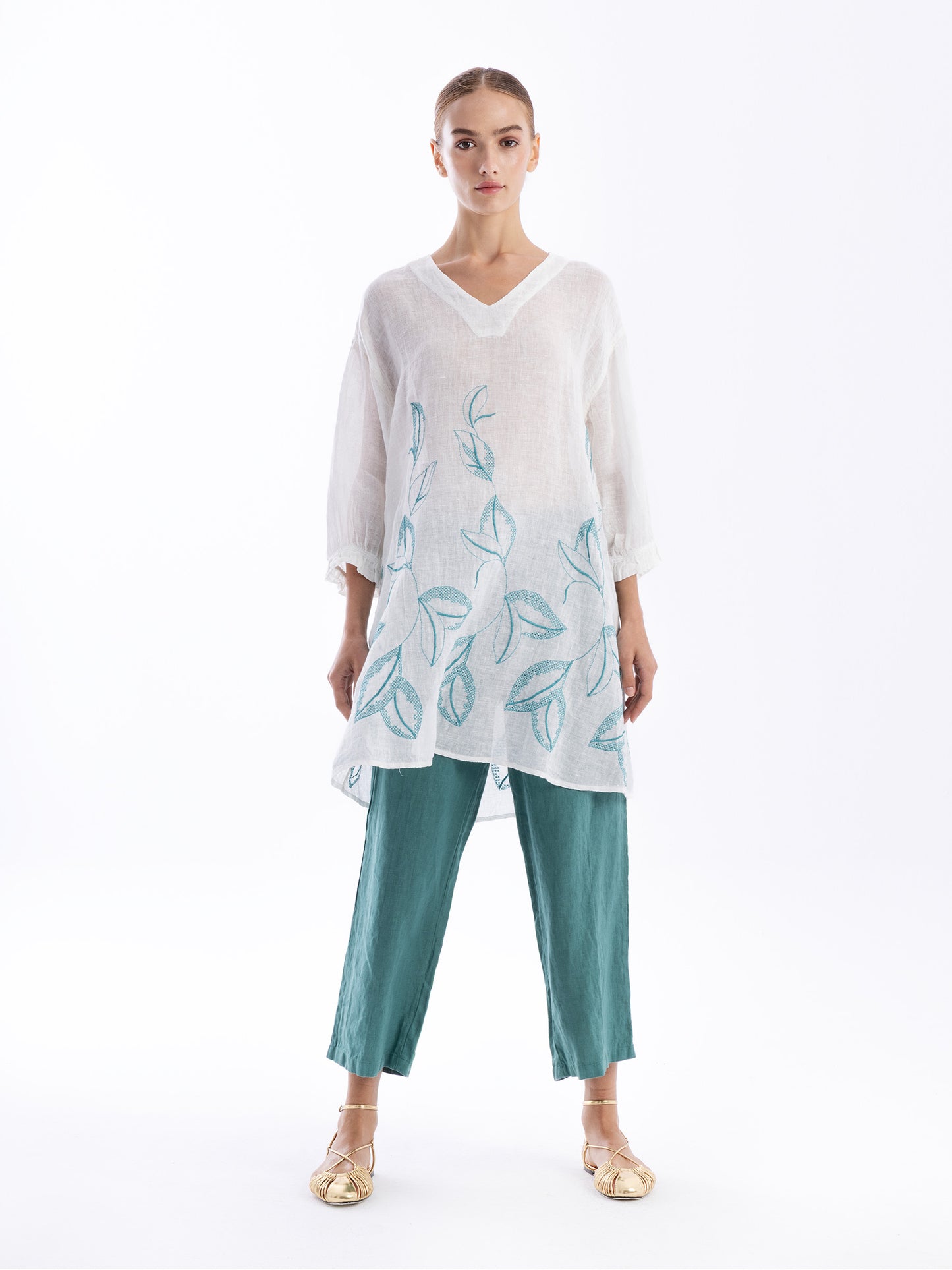 Embroidered Linen Dress in ecru/gold by Haris Cotton