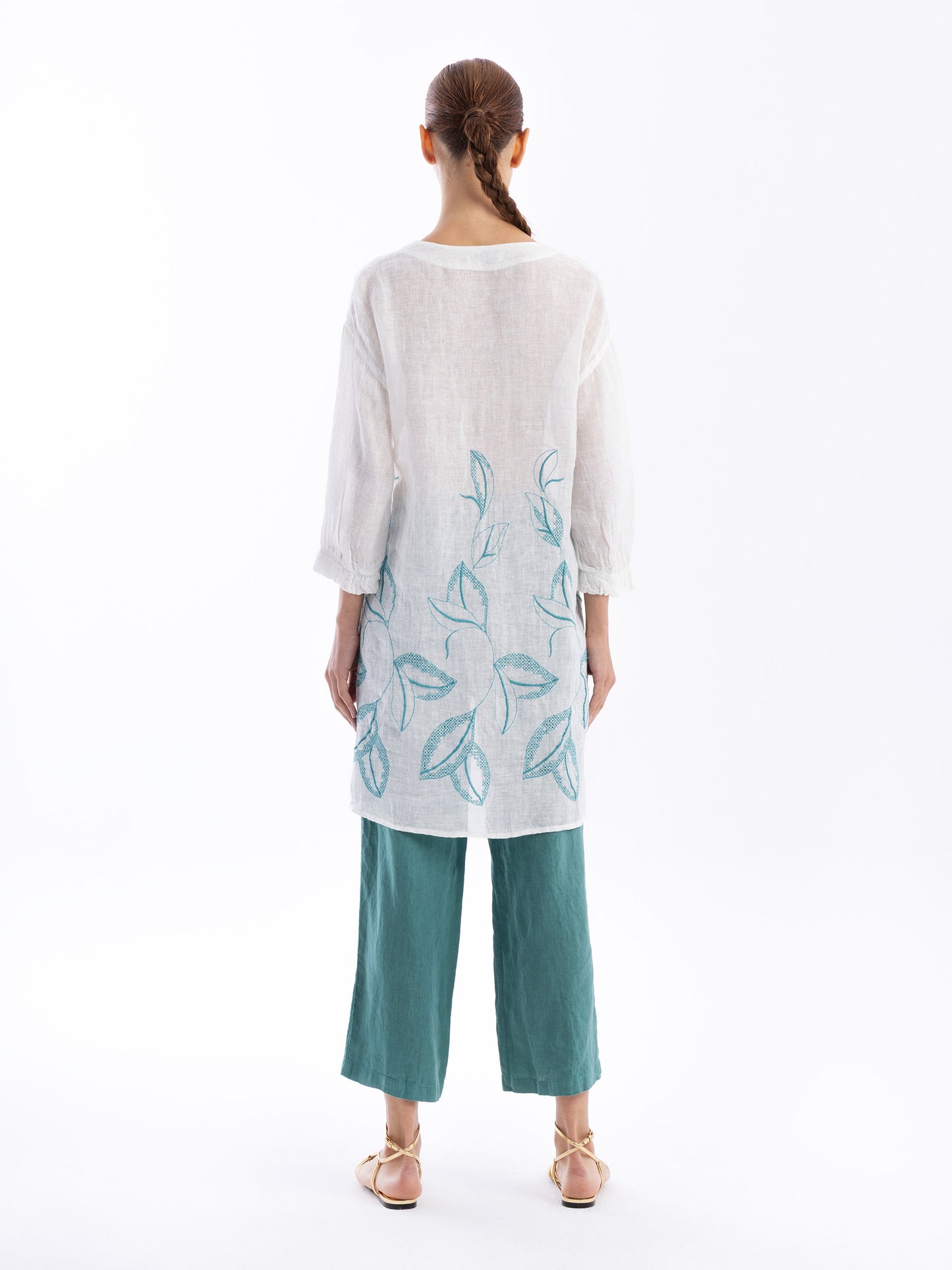 Embroidered Linen Dress in ecru/gold by Haris Cotton