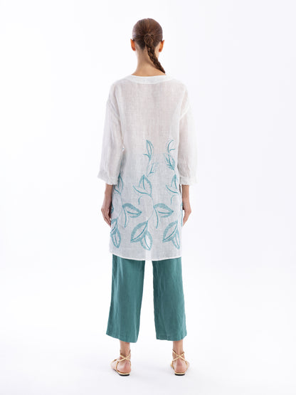 Embroidered Linen Dress in ecru/gold by Haris Cotton