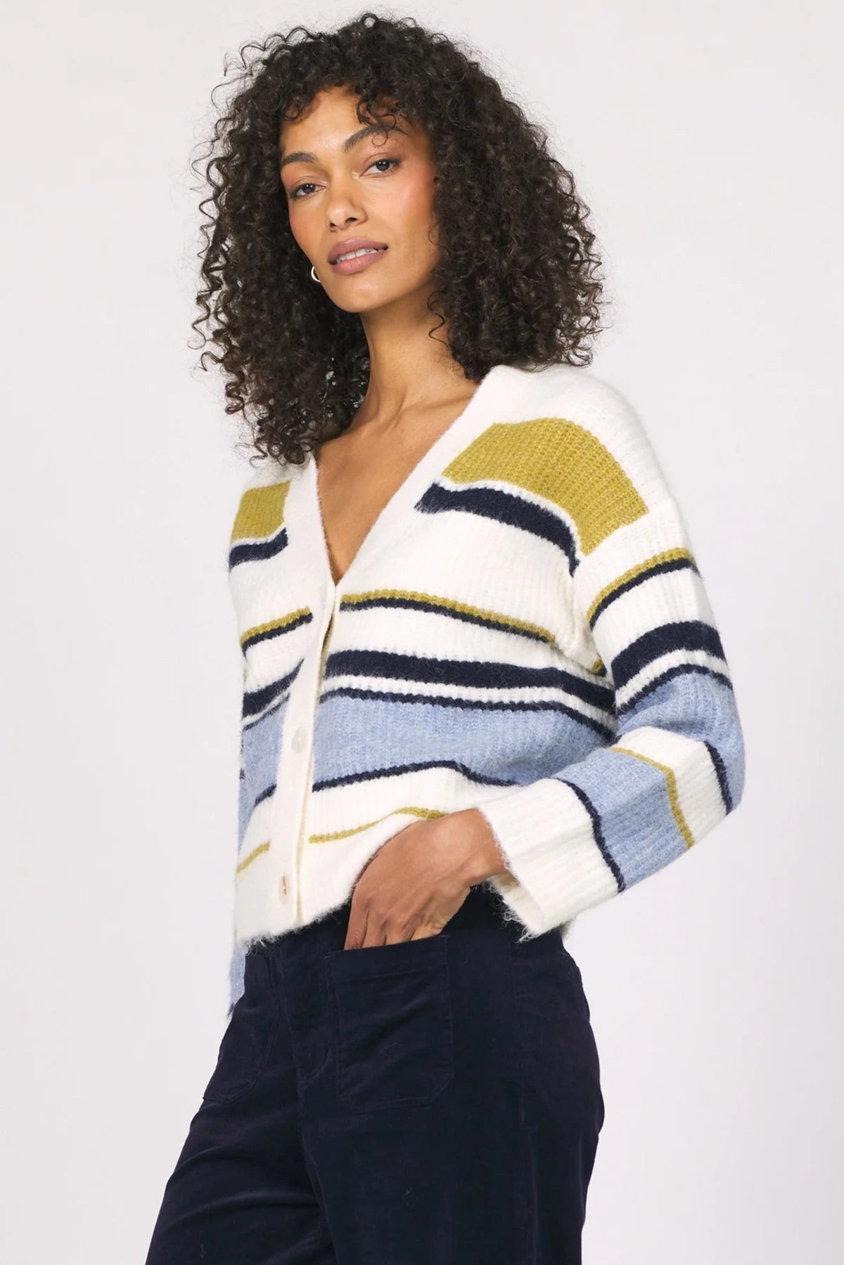 Sasha Stripe Cardigan in golden horizon by Another Love