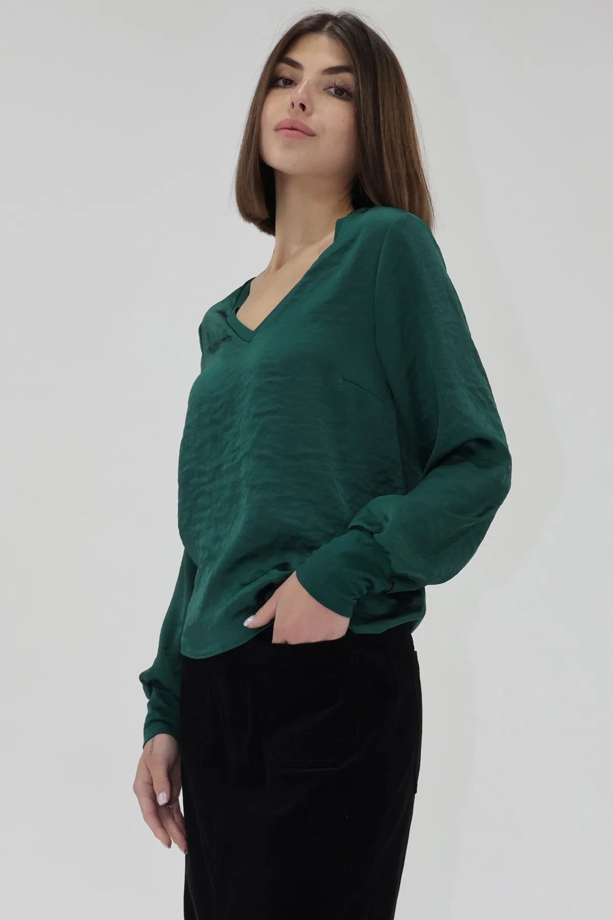 Aya Satin V-Neck Top in rainforest by Another Love