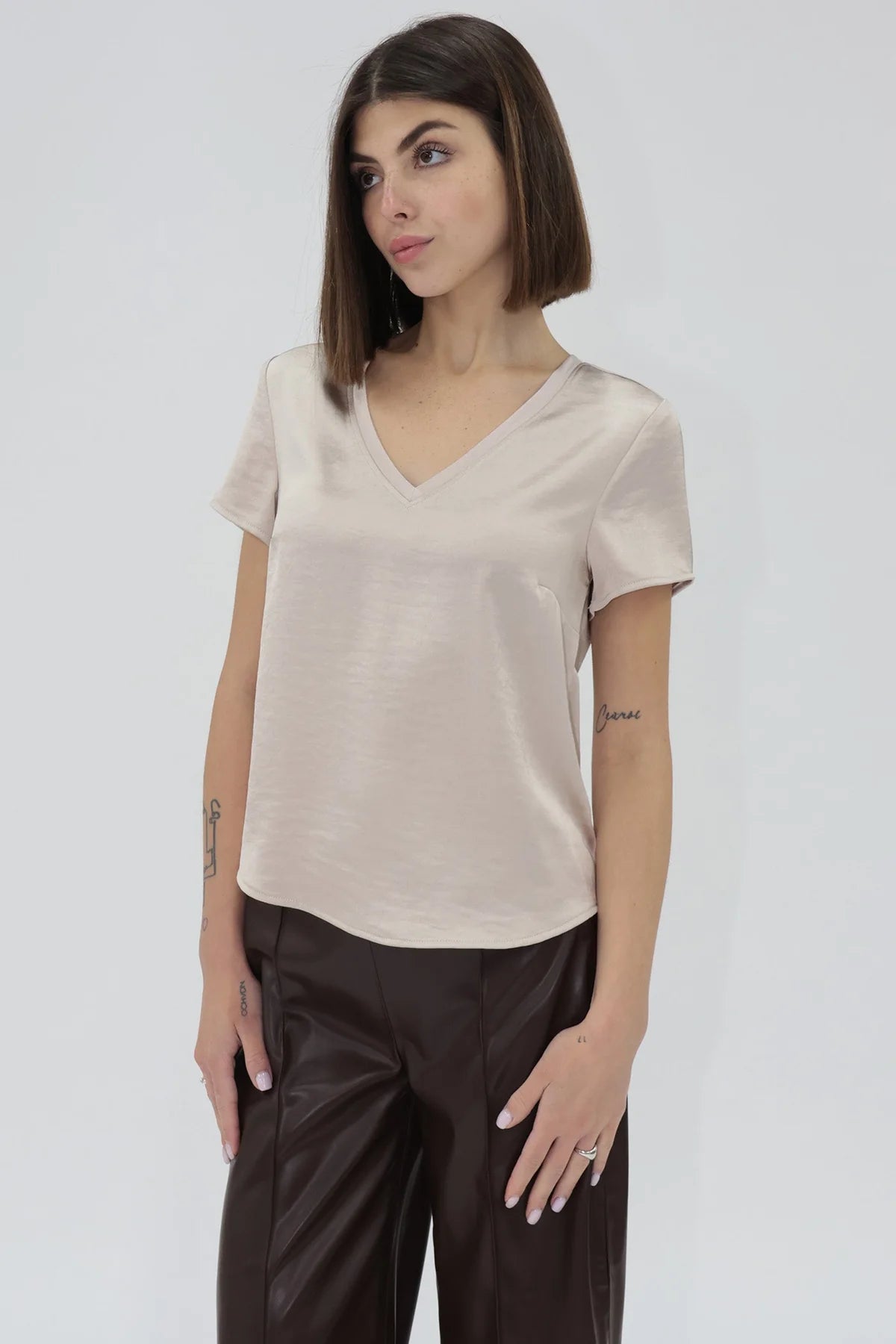 Amelda Short Sleeve Satin Top in pearl by Another Love