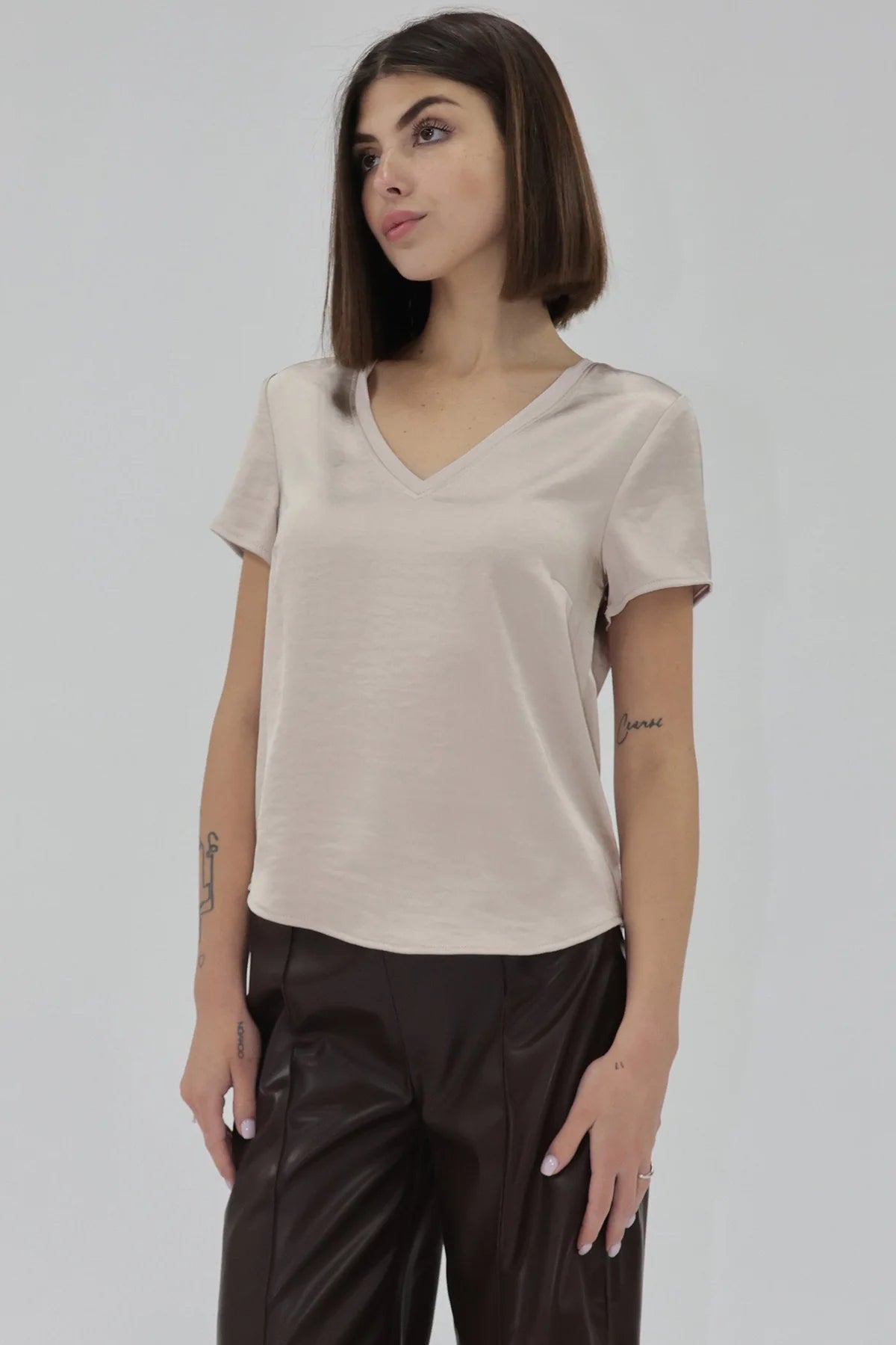 Amelda Short Sleeve Satin Top in pearl by Another Love