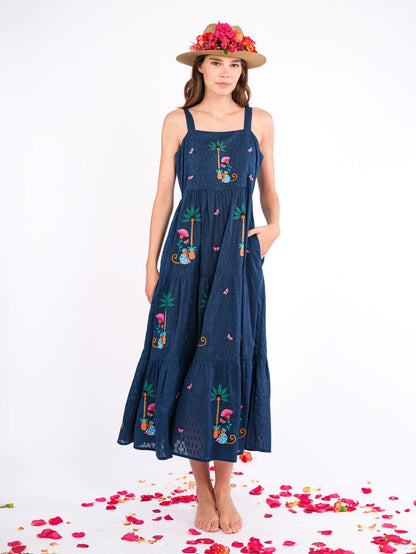 Cornflower Embroidered Monkey Dress in navy by Nimo