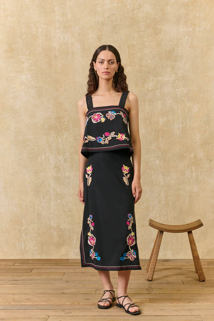 Amarante Embroidered Midi Skirt in black by Louise Misha