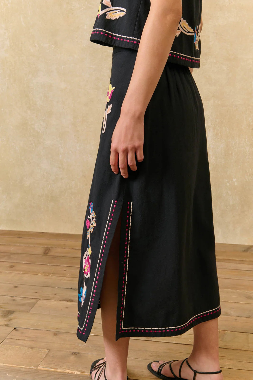 Amarante Embroidered Midi Skirt in black by Louise Misha