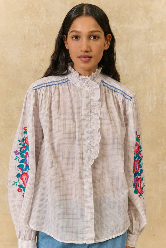 Cora Cruise Checks Shirt with Embroidery in cream by Louise Misha