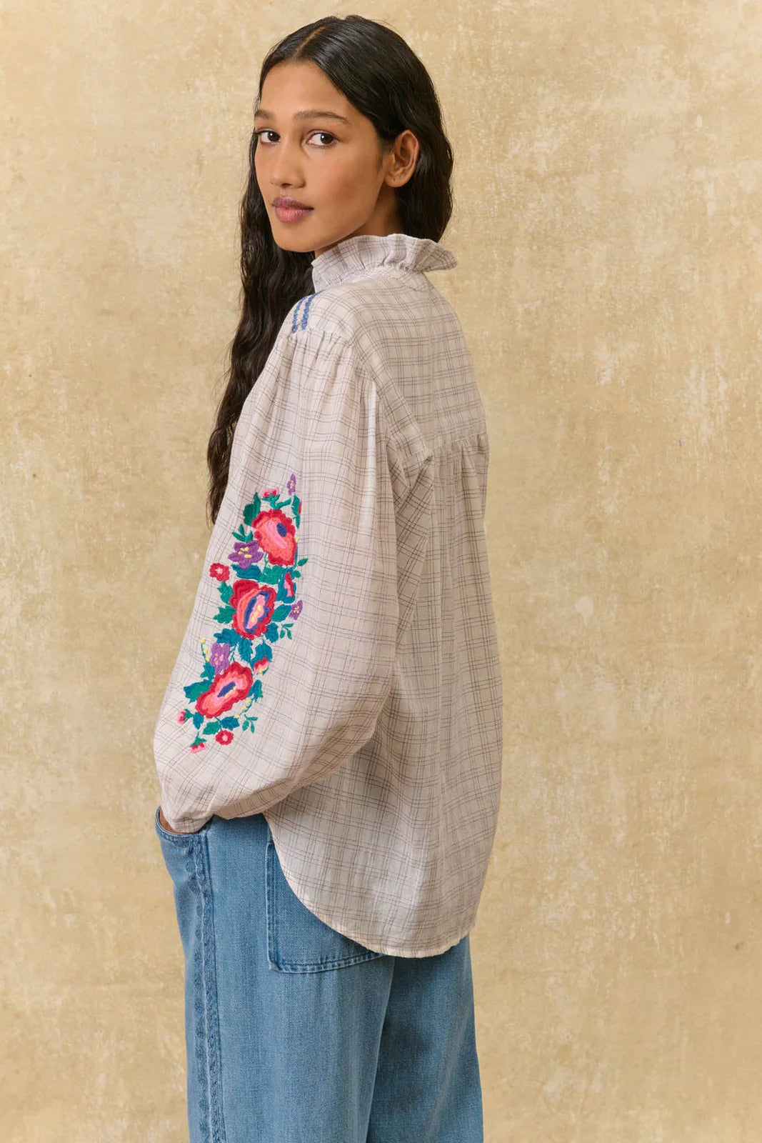 Cora Cruise Checks Shirt with Embroidery in cream by Louise Misha