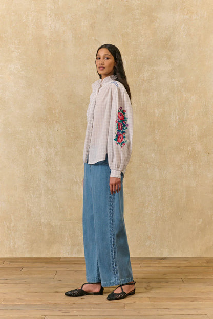 Cora Cruise Checks Shirt with Embroidery in cream by Louise Misha